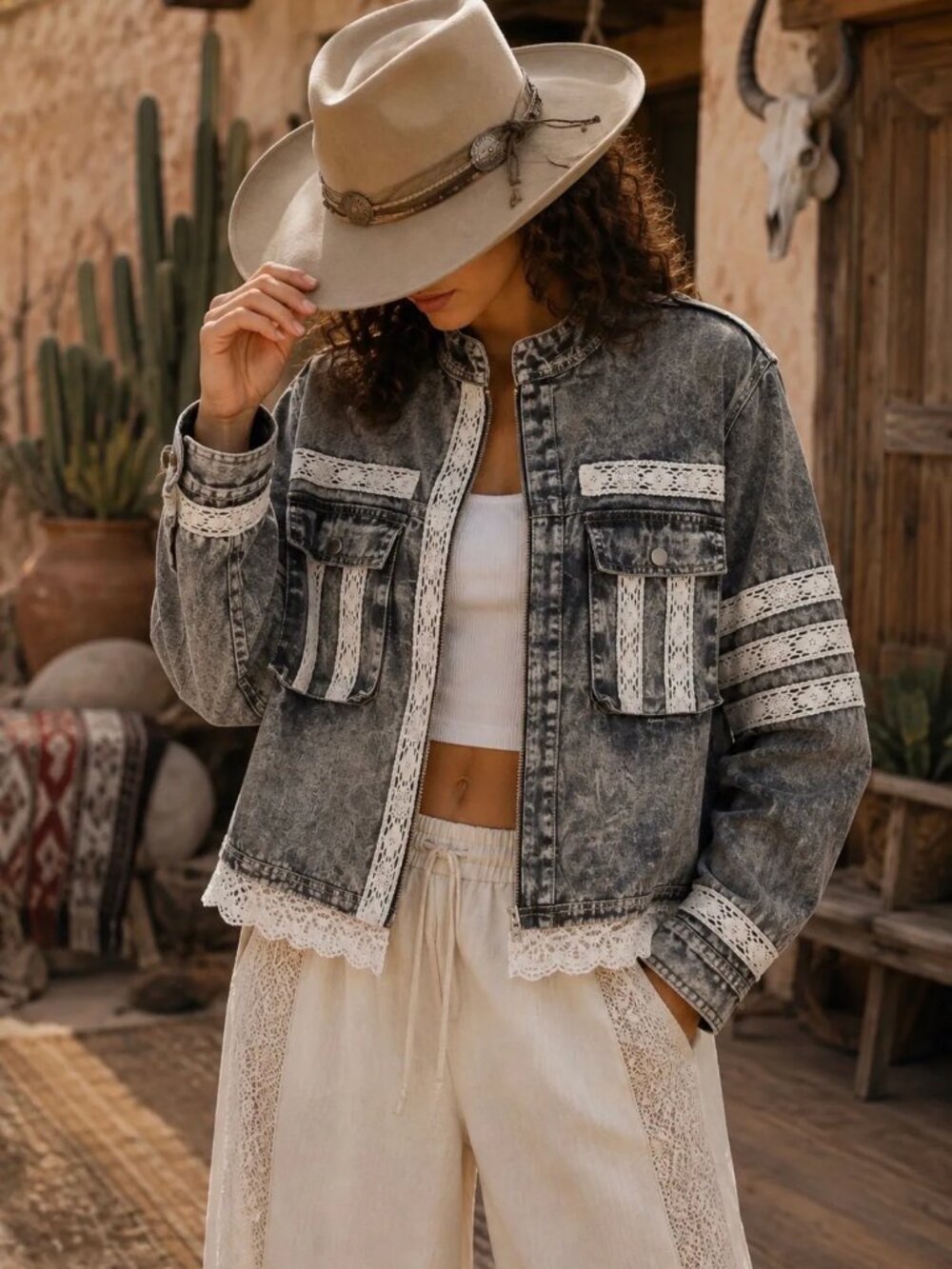 POL Desert Heirloom Lace-Trim Utility Jacket
